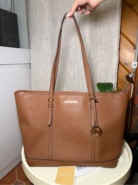Michael Kors Cognac Saffiano Leather Tote with Gold Logo Charm